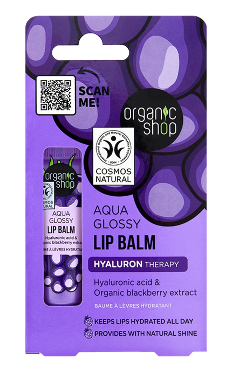 ORGANIC SHOP ORGANIC SHOP Aqua Glossy Hyaluronic acid & Blackberry extract lūpu balzams, 10ml