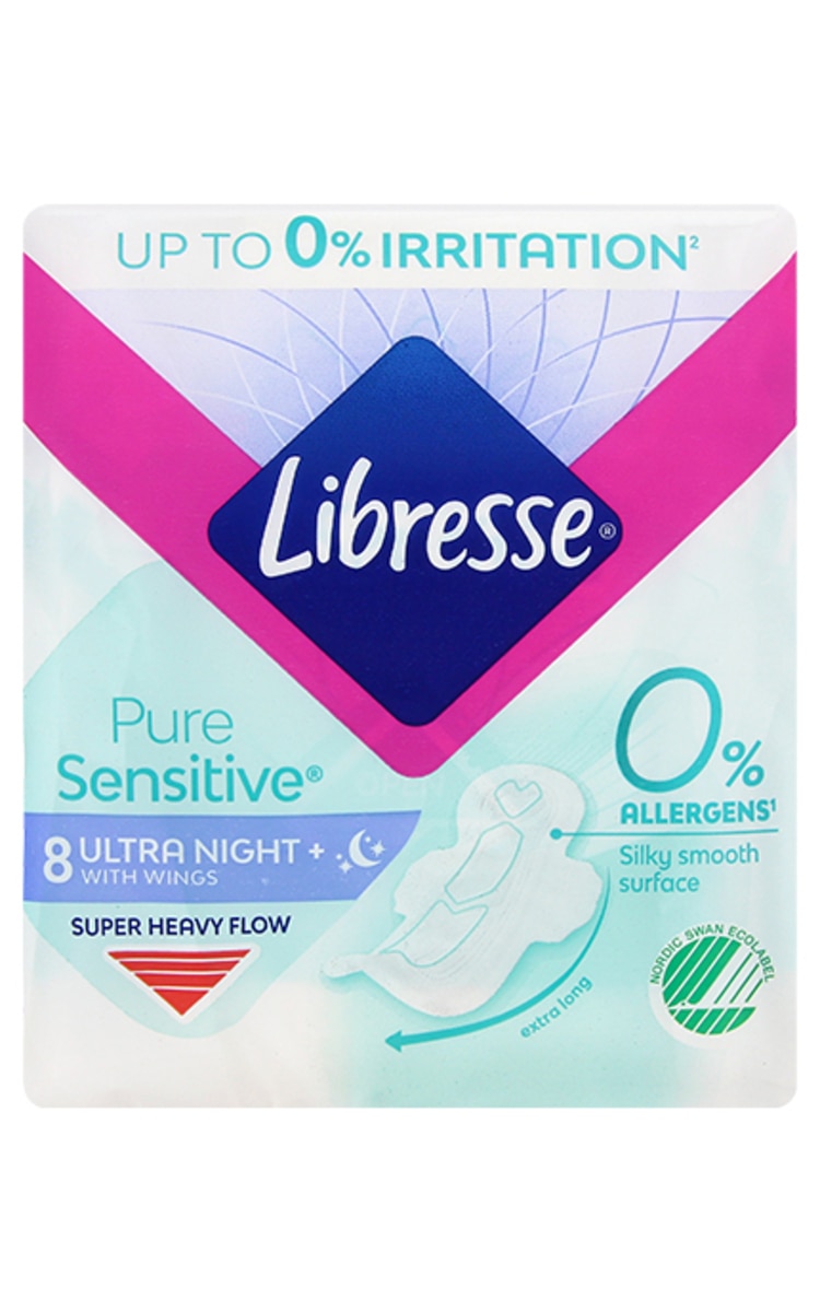 LIBRESSE LIBRESSE Pure Sensitive Ultra Night+ Wing higiēniskās paketes, 8gab. 8 gab.