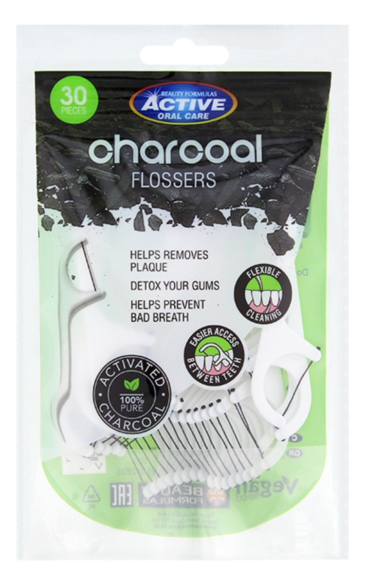 BEAUTY FORMULAS BEAUTY FORMULAS Active Charcoal Flossers starpzobu diegs ar kokogli, 30gab.