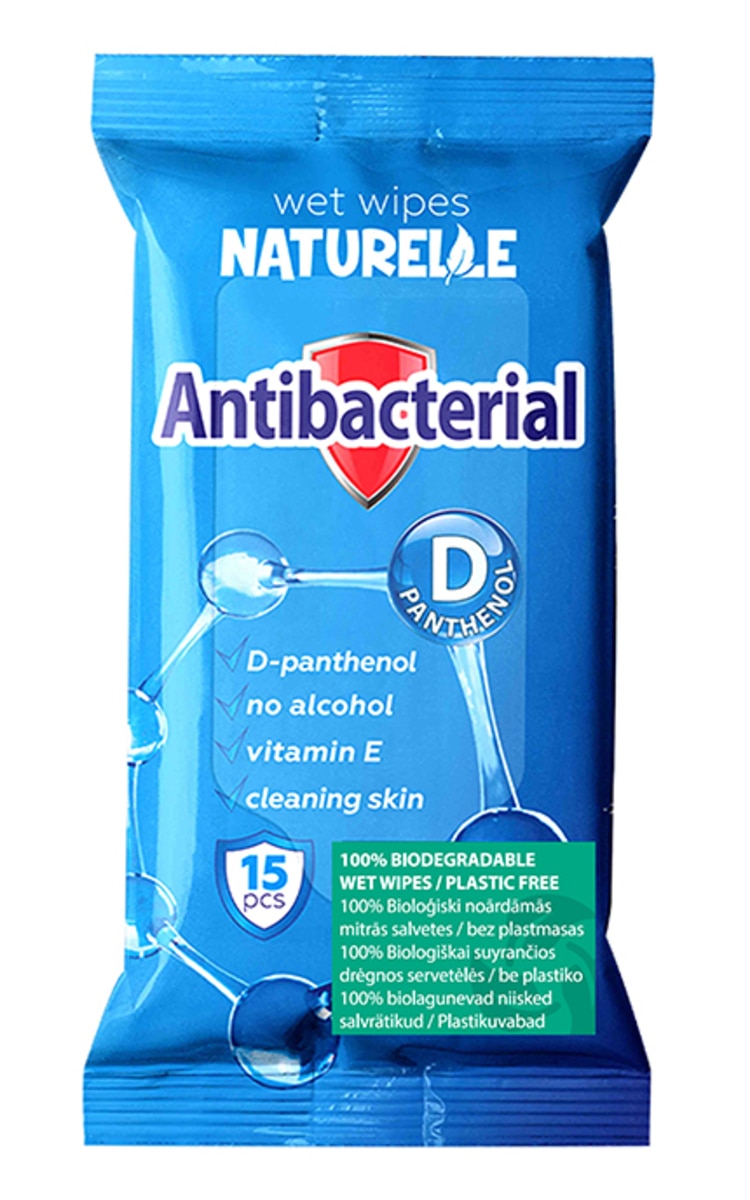 NATURELLE NATURELLE Antibacterial биоразлагаемые влажные салфетки с D-пантенолом, 15шт.