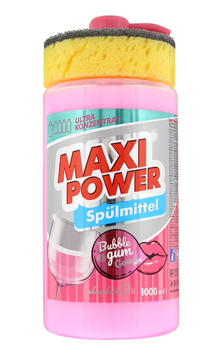 MAXI POWER Trauku mazgāšanas želeja ar dozatoru un trauku mazgāšanas sūkli, BUBBLE GUM, 1000ml