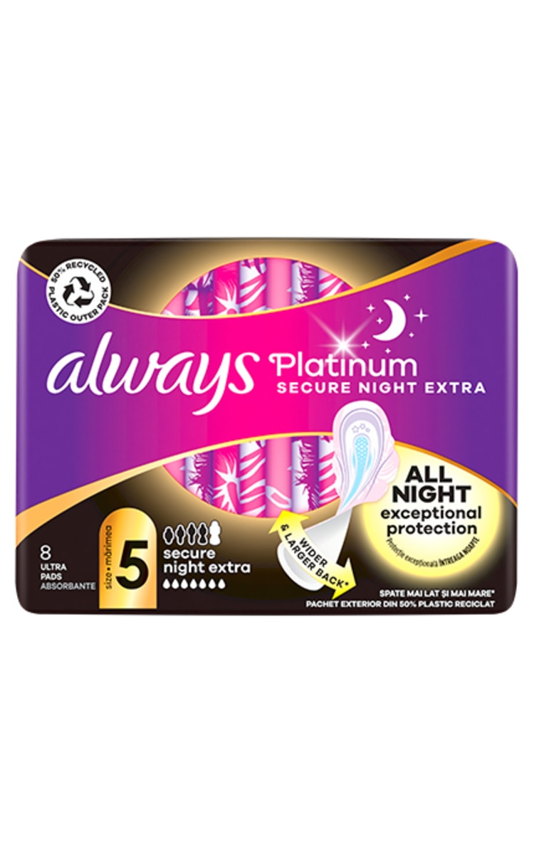 ALWAYS ALWAYS Platinum Secure Night Extra higiēniskās paketes, 8gab.