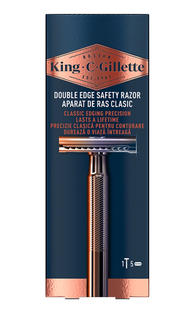 GILLETTE KING C.GILLETTE Double Edge Safety Razor T-veidīgs skuveklis ar 5 asmeņiem 6 gab.