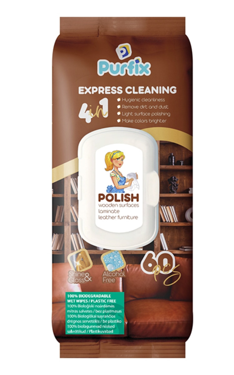 PURFIX Express Cleaning 4in1 bioloģiski noārdāmās mitrās salvetes lamināta, koka virsmu un ādas mēbeļu kopšanai, 60gab.