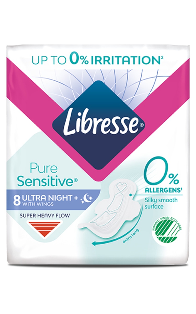 LIBRESSE LIBRESSE Pure Sensitive Ultra Night+ Wing higiēniskās paketes, 8gab. 8 gab.