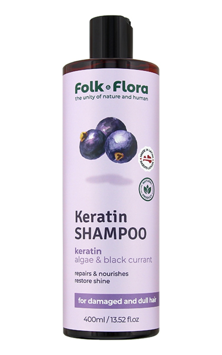 FOLK&FLORA FOLK&FLORA Keratin, Black Currant, šampūns bojātiem un blāviem matiem, 400ml