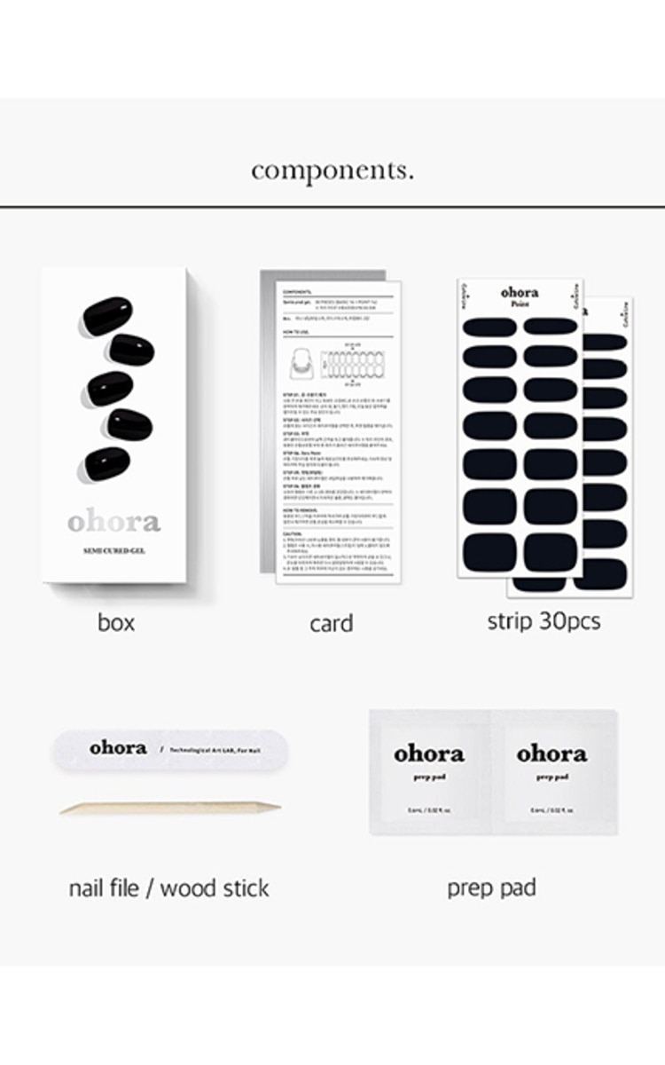 OHORA OHORA Manikīra gela uzlīmju komplekts Semi Cured Gel Nail Strips (N Onyx), 30 uzlīmes