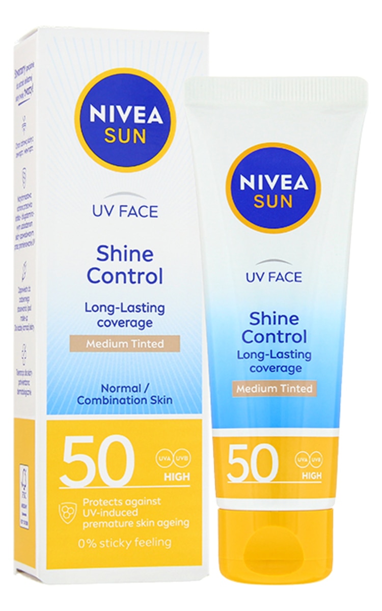 NIVEA NIVEA SUN UV Face Shine Control SPF50+ matējošs saules aizsargkrēms sejai ar vieglu toni, 50ml 50 ml