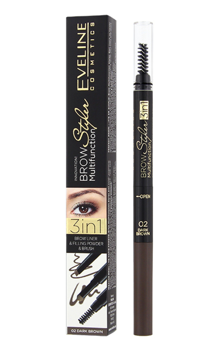 EVELINE EVELINE Brow Styler 3in1 zīmulis uzacīm, 02 Dark Brown, 1gab. Dark Brown